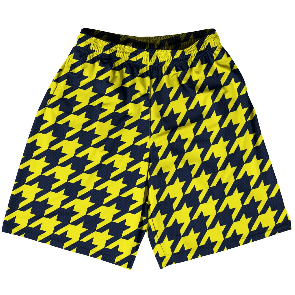 Blue Navy And Yellow Bright Houndstooth Basketball Practice Shorts Made In USA